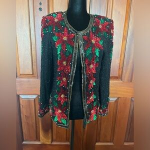 Laurence Kazar Womens Medium Silk Jacket Sequined Beaded Poinsettia Christmas